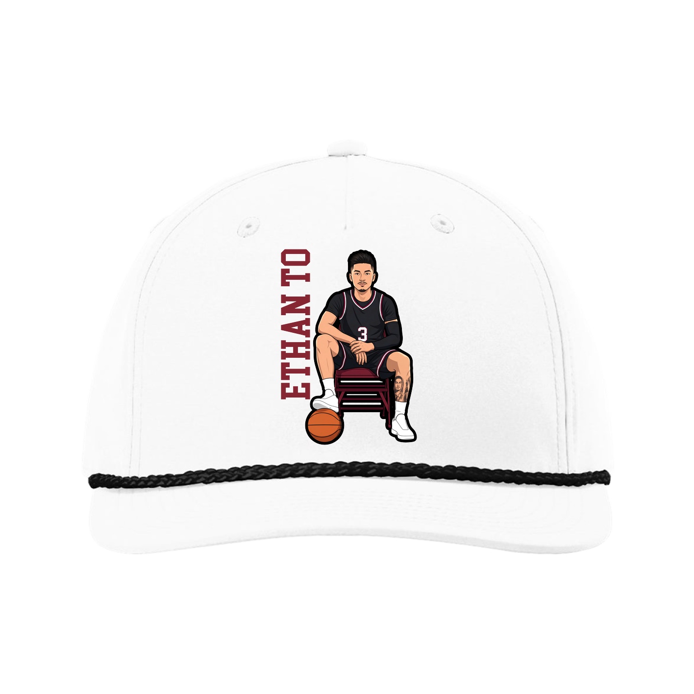 Five-Panel Classic Rope Cap — Name Vertical in White
