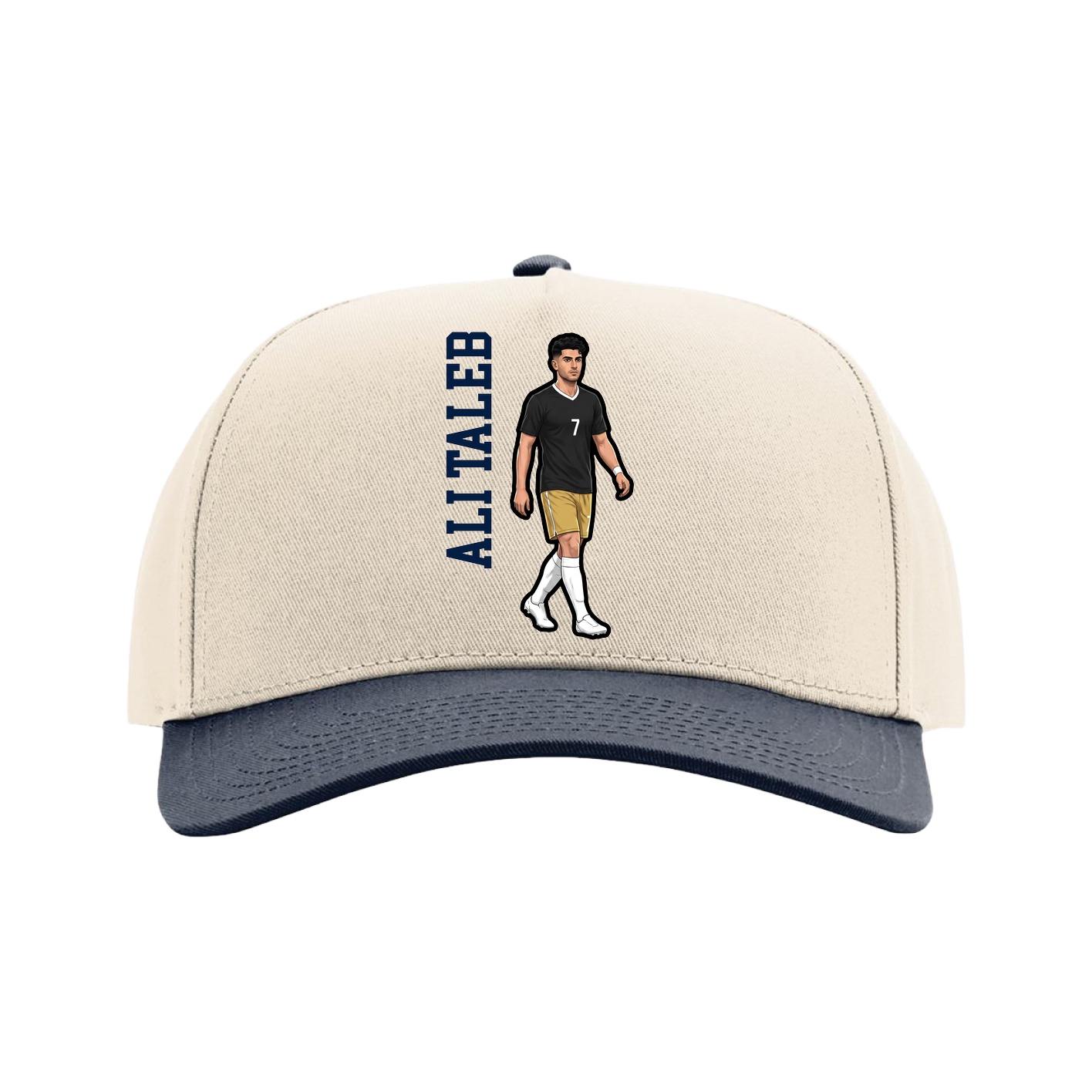 Full Fabric Five-Panel Champ Cap — Name Vertical in Cream/Navy