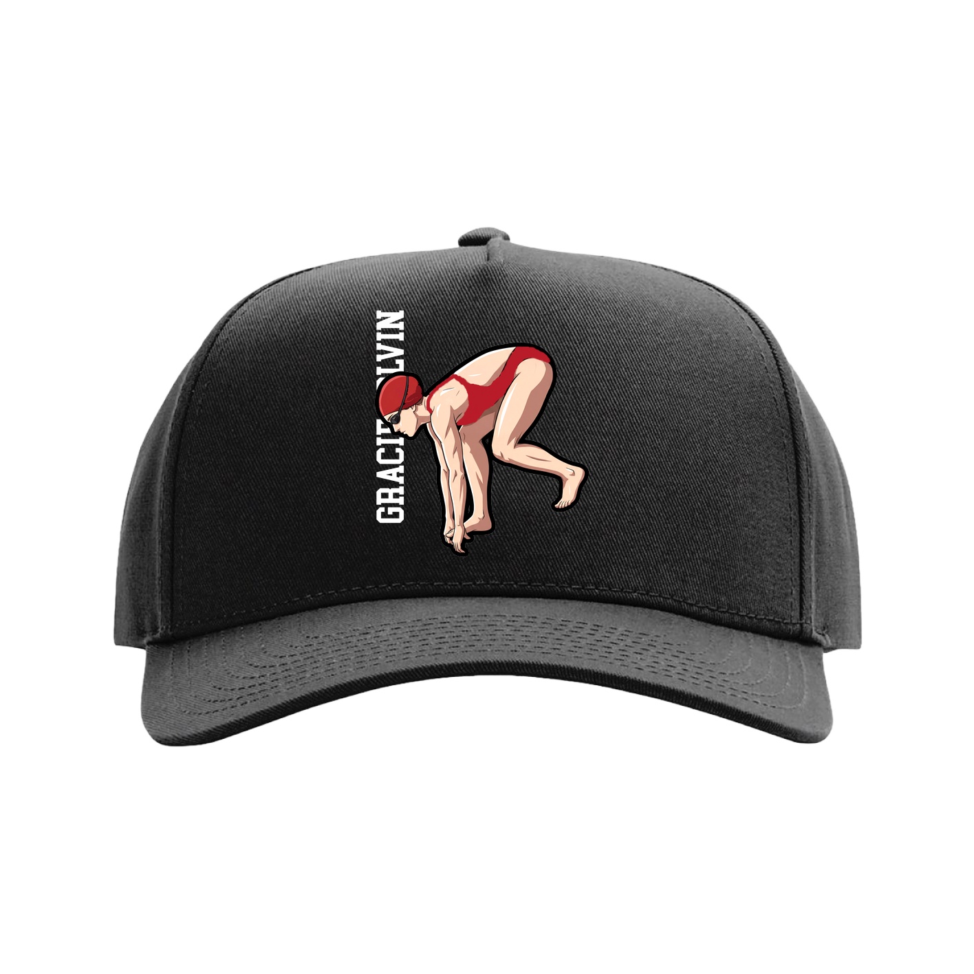 Full Fabric Five-Panel Champ Cap — Name Vertical in Black