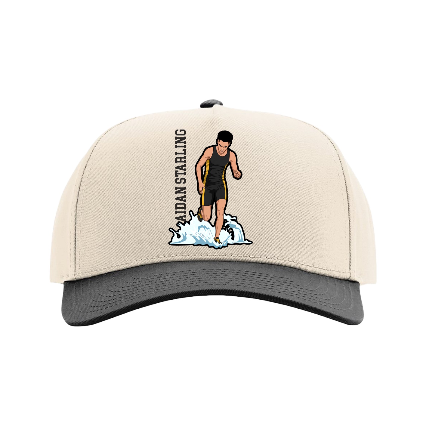 Full Fabric Five-Panel Champ Cap — Name Vertical in Cream/Black