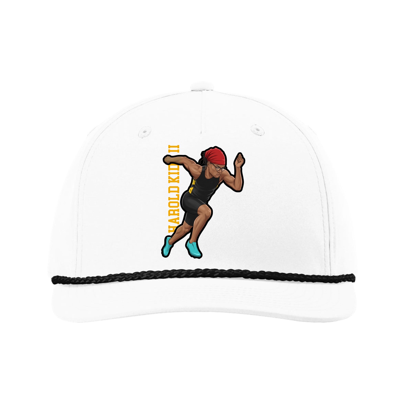 Five-Panel Classic Rope Cap — Name Vertical in White