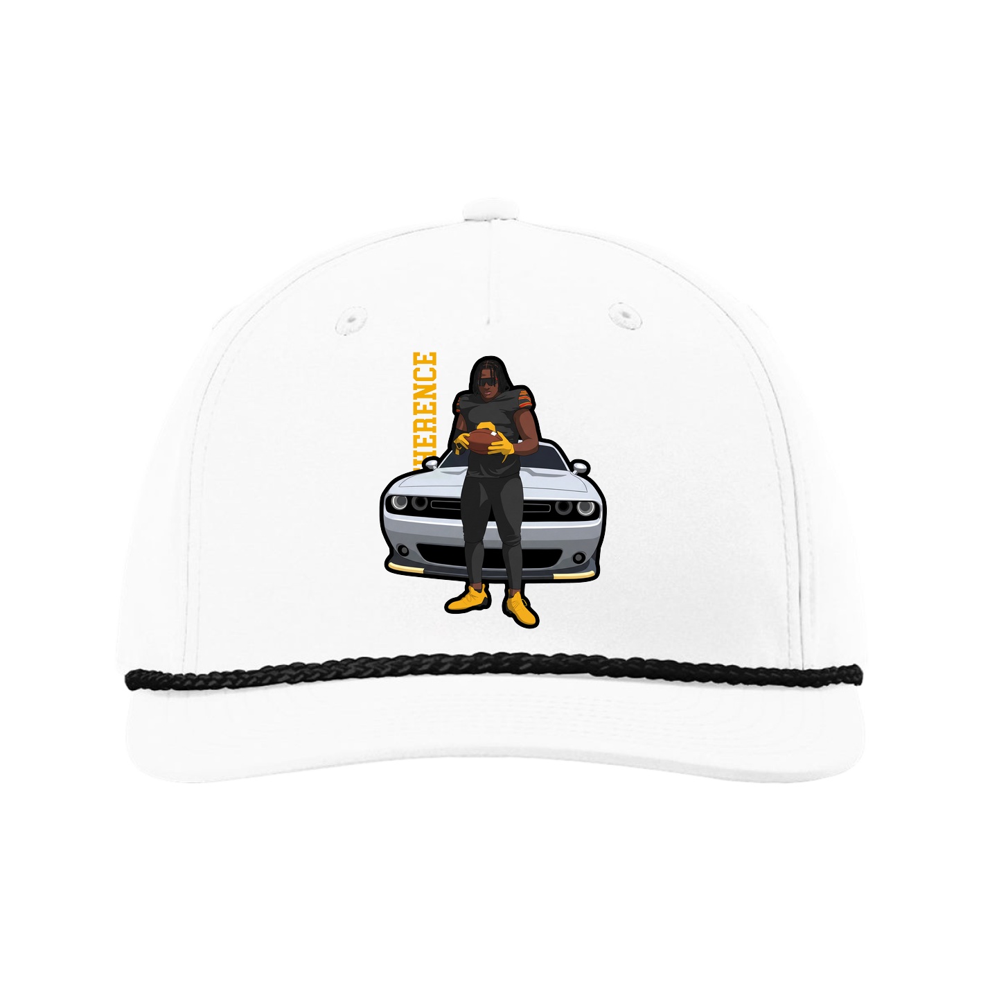 Five-Panel Classic Rope Cap — Name Vertical in White