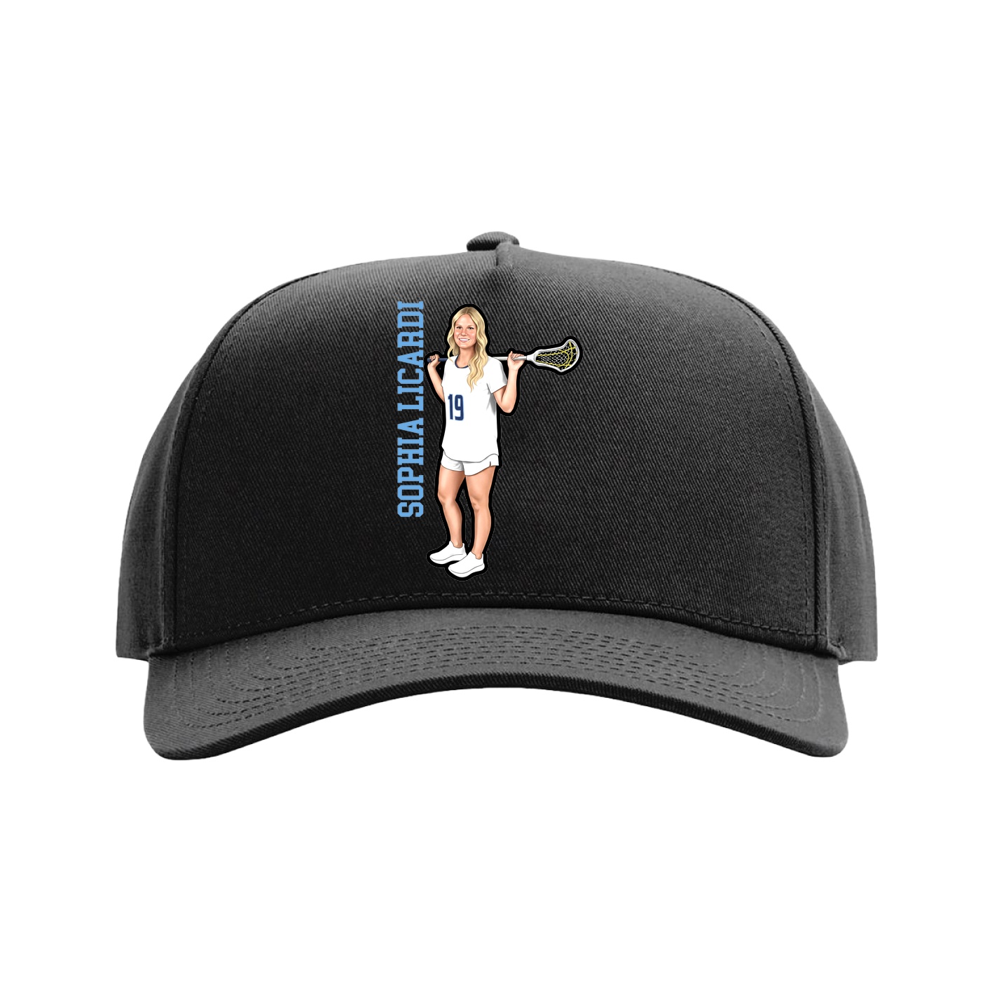 Full Fabric Five-Panel Champ Cap — Name Vertical in Black