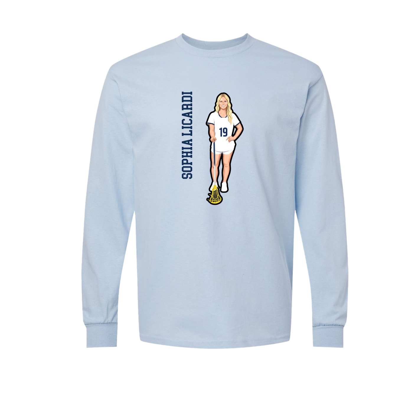Long Sleeve Tee — Name Vertical in Light Blue