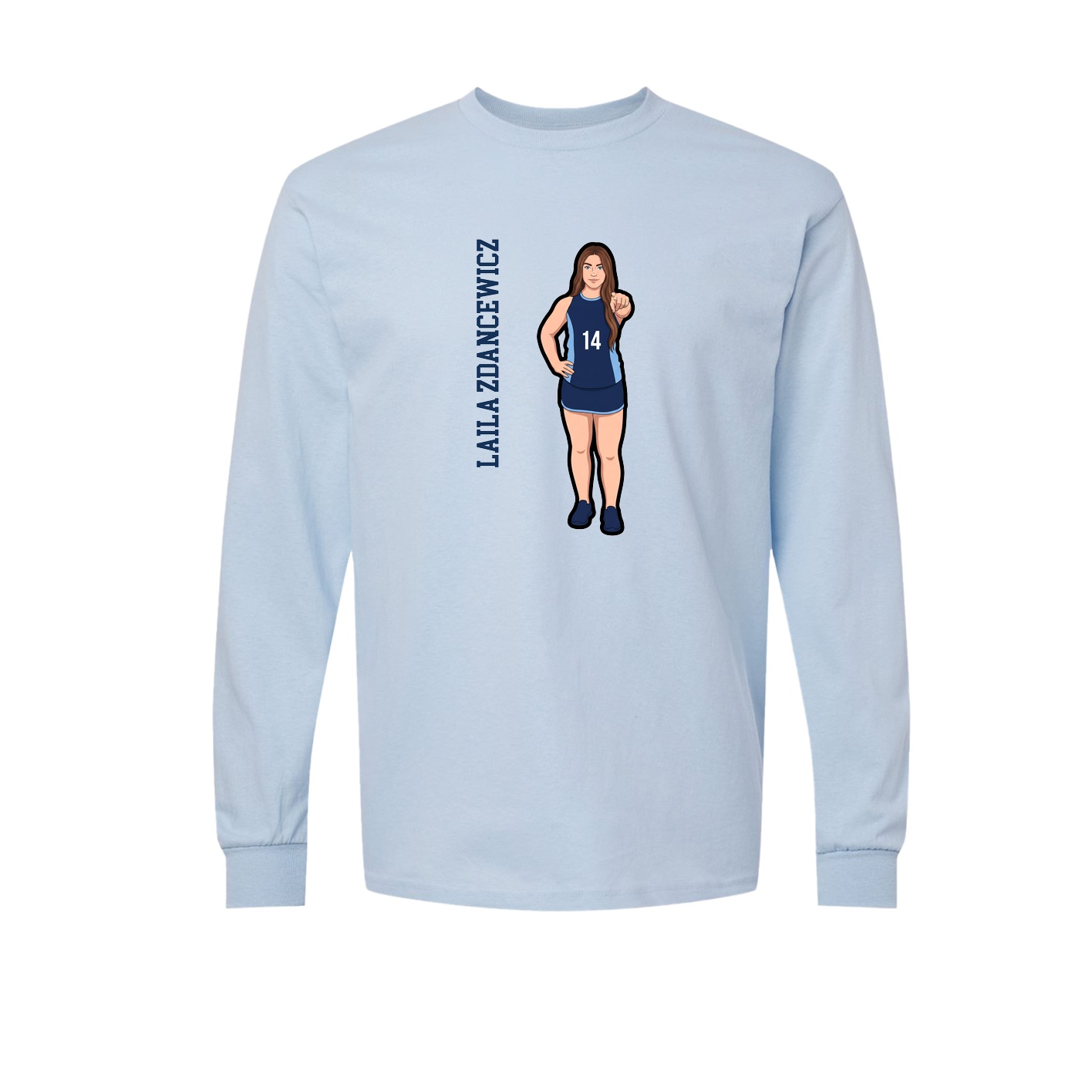 Long Sleeve Tee — Name Vertical in Light Blue