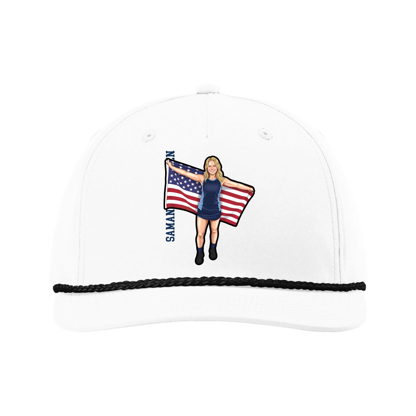 Five-Panel Classic Rope Cap — Name Vertical in White