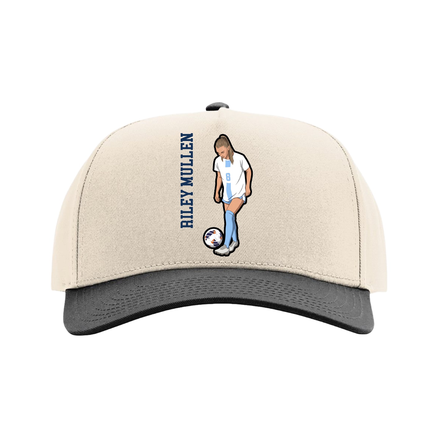 Full Fabric Five-Panel Champ Cap — Name Vertical in Cream/Black