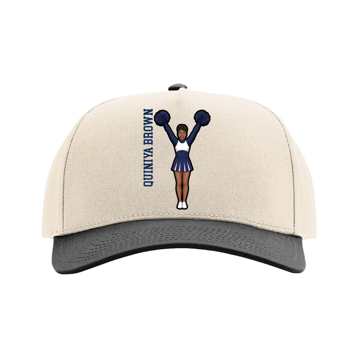 Full Fabric Five-Panel Champ Cap — Name Vertical in Cream/Black