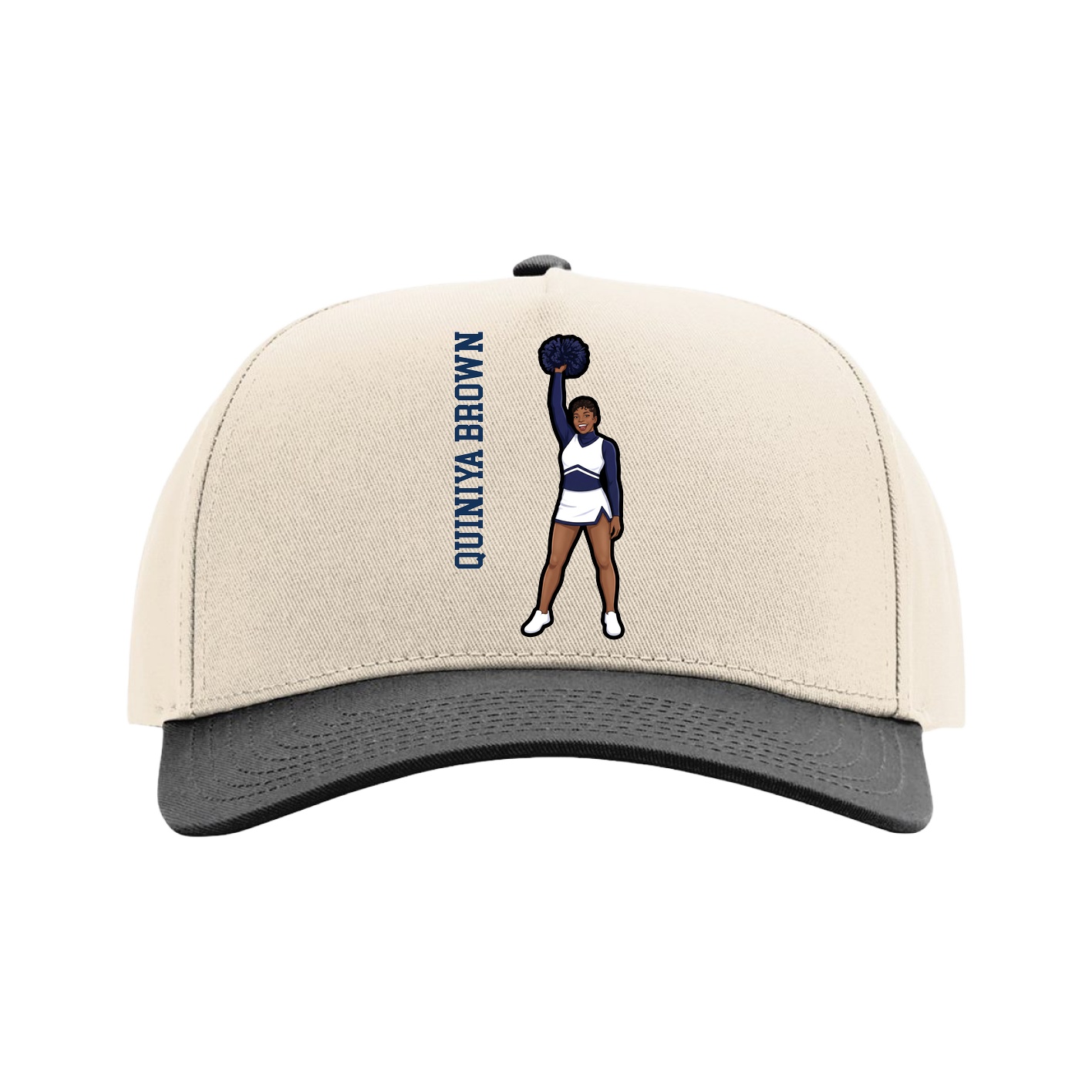 Full Fabric Five-Panel Champ Cap — Name Vertical in Cream/Black