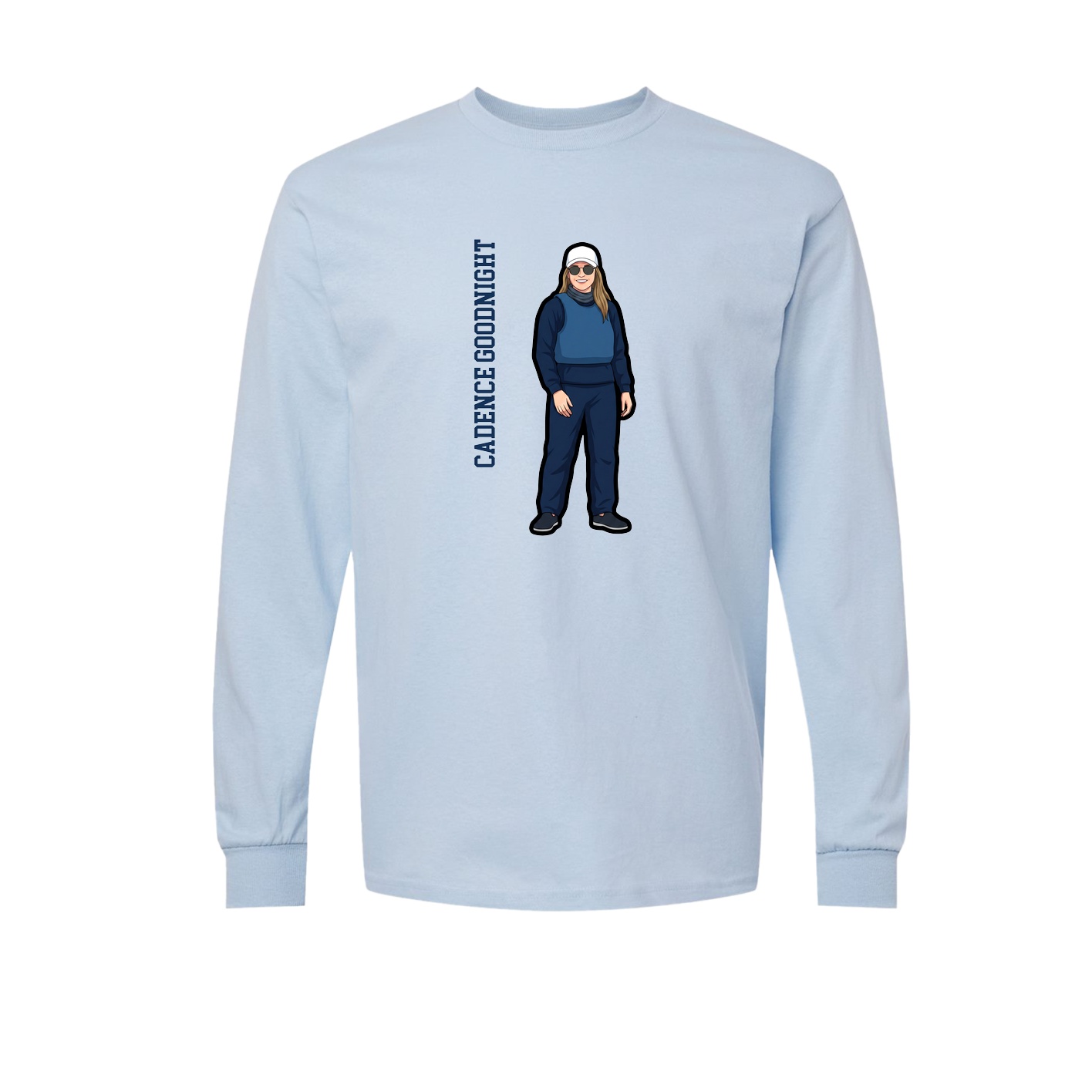 Long Sleeve Tee — Name Vertical in Light Blue