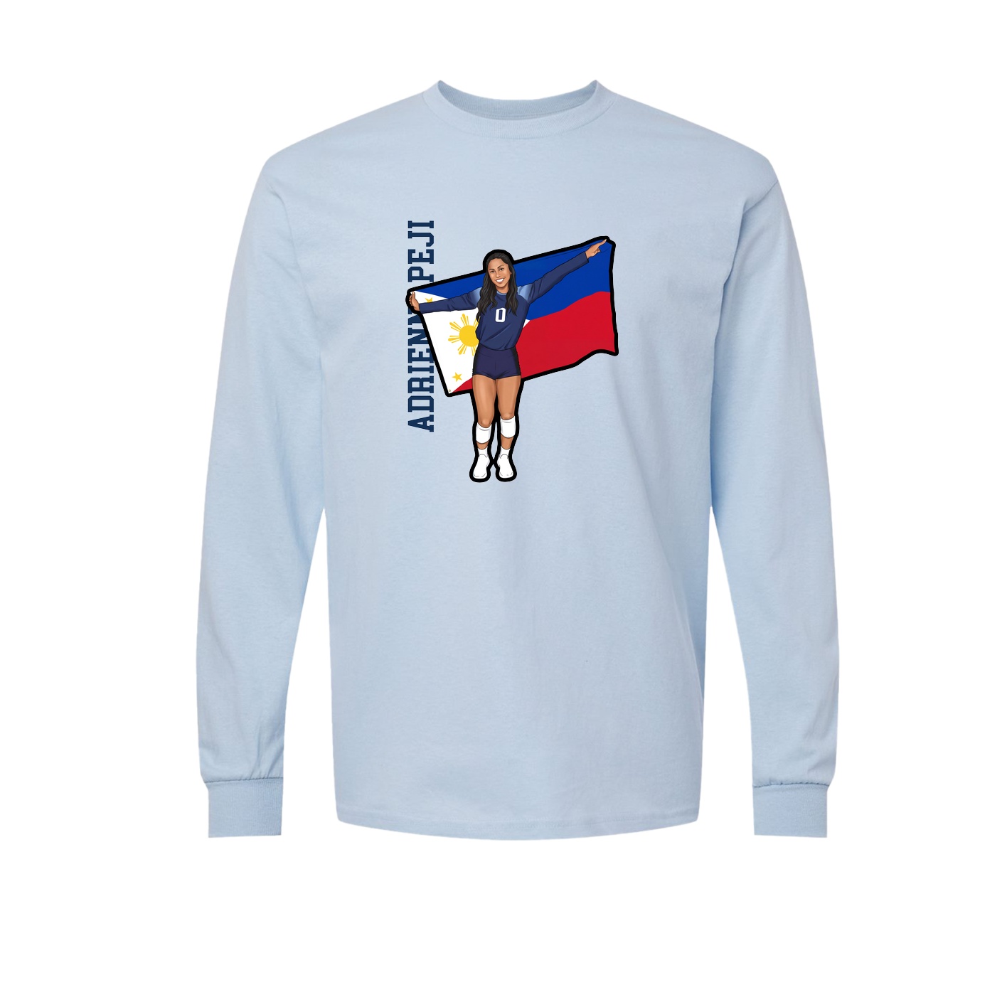 Long Sleeve Tee — Name Vertical in Light Blue