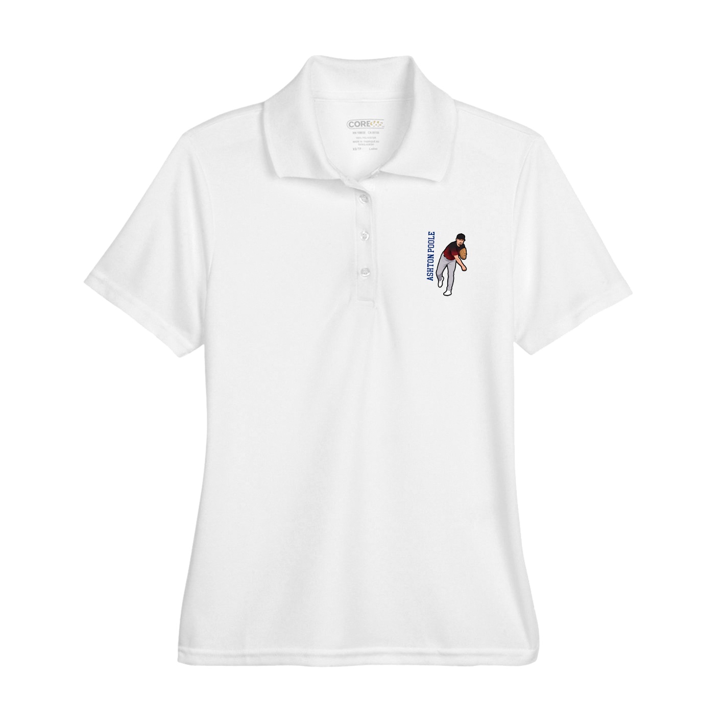 Womens Performance Polo — Name Vertical in White