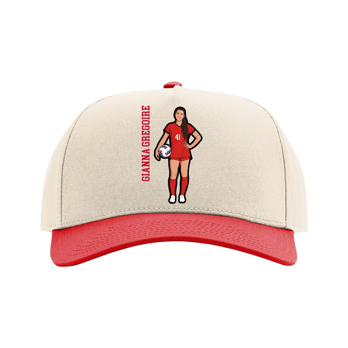 Full Fabric Five-Panel Champ Cap — Name Vertical in Cream/Red