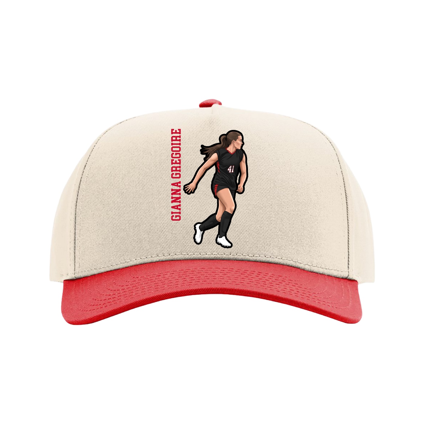 Full Fabric Five-Panel Champ Cap — Name Vertical in Cream/Red