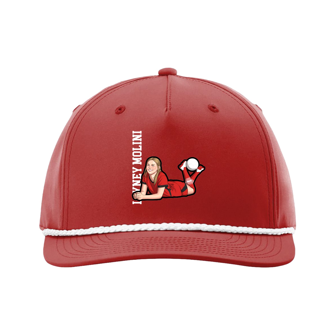 Five-Panel Classic Rope Cap — Name Vertical in Red