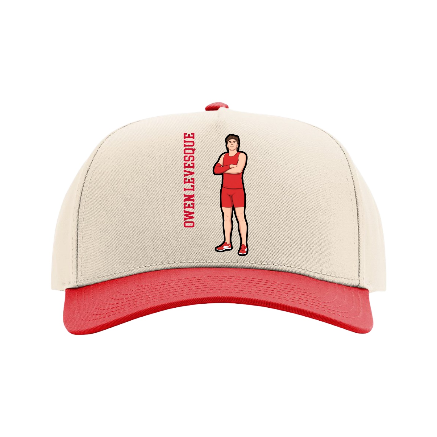 Full Fabric Five-Panel Champ Cap — Name Vertical in Cream/Red