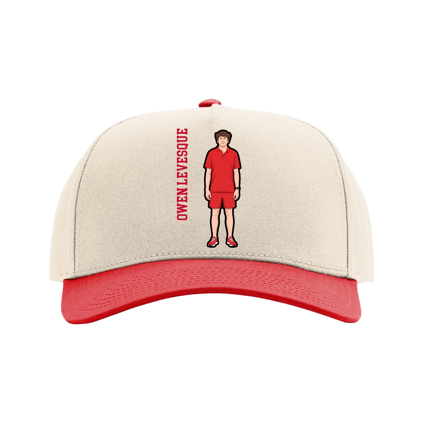 Full Fabric Five-Panel Champ Cap — Name Vertical in Cream/Red