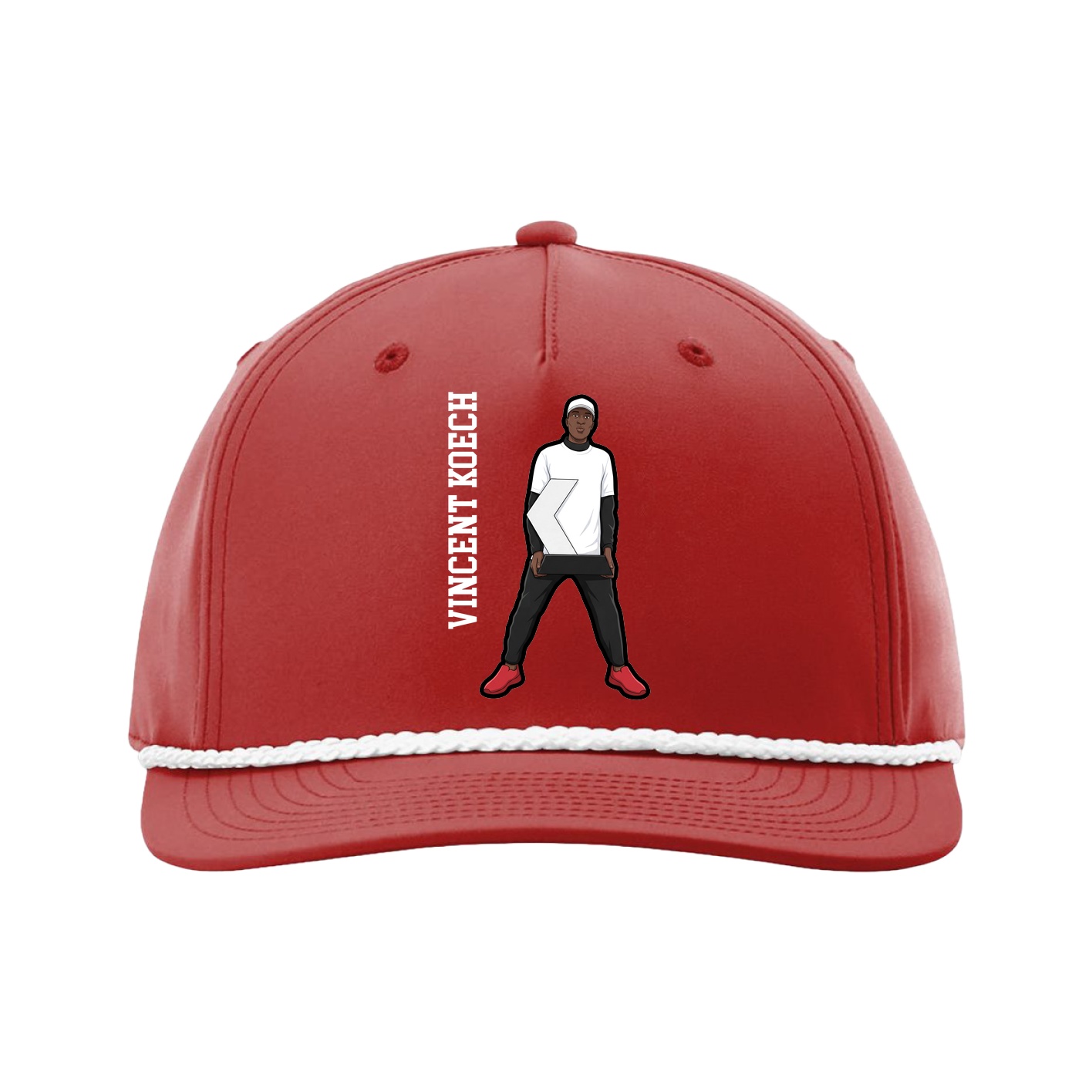 Five-Panel Classic Rope Cap — Name Vertical in Red