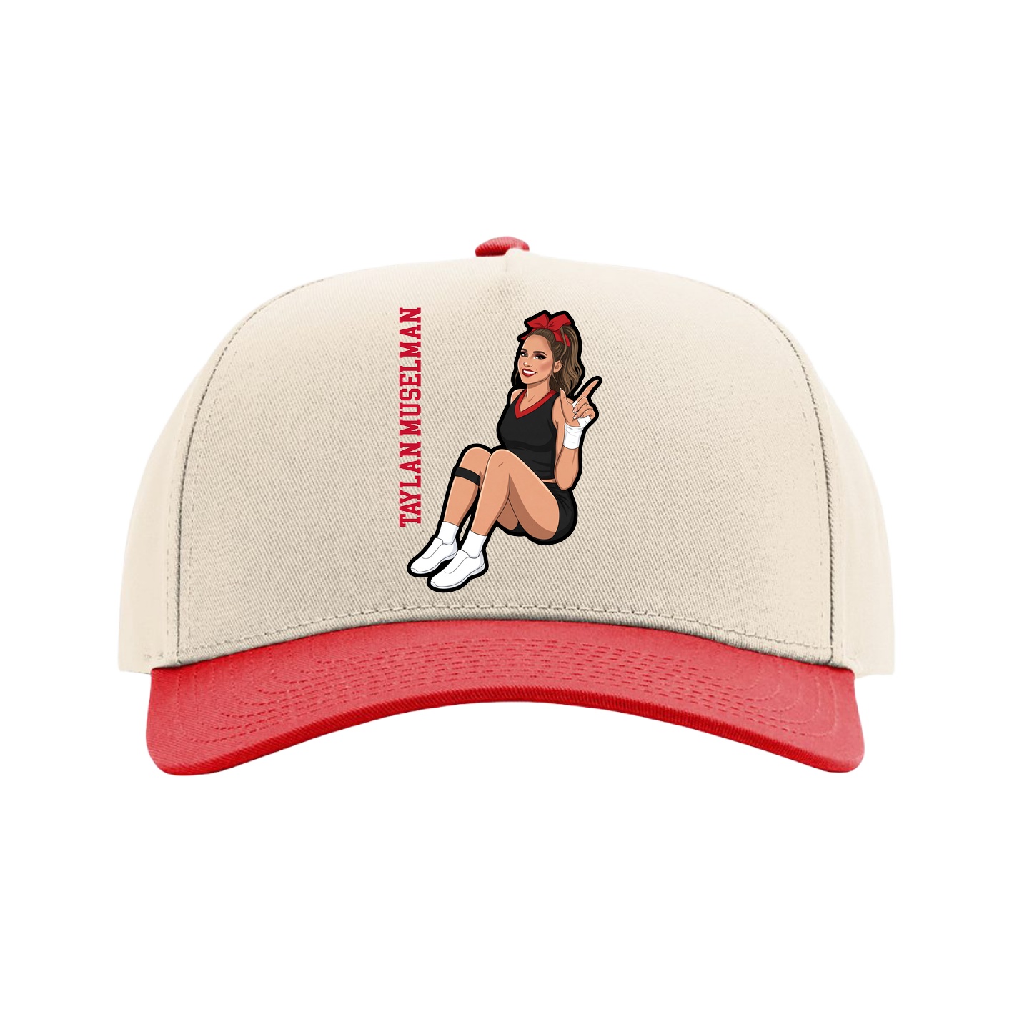 Full Fabric Five-Panel Champ Cap — Name Vertical in Cream/Red
