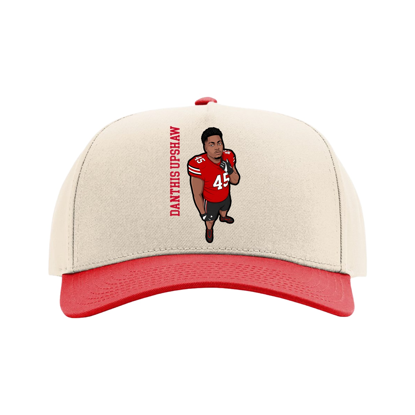 Full Fabric Five-Panel Champ Cap — Name Vertical in Cream/Red