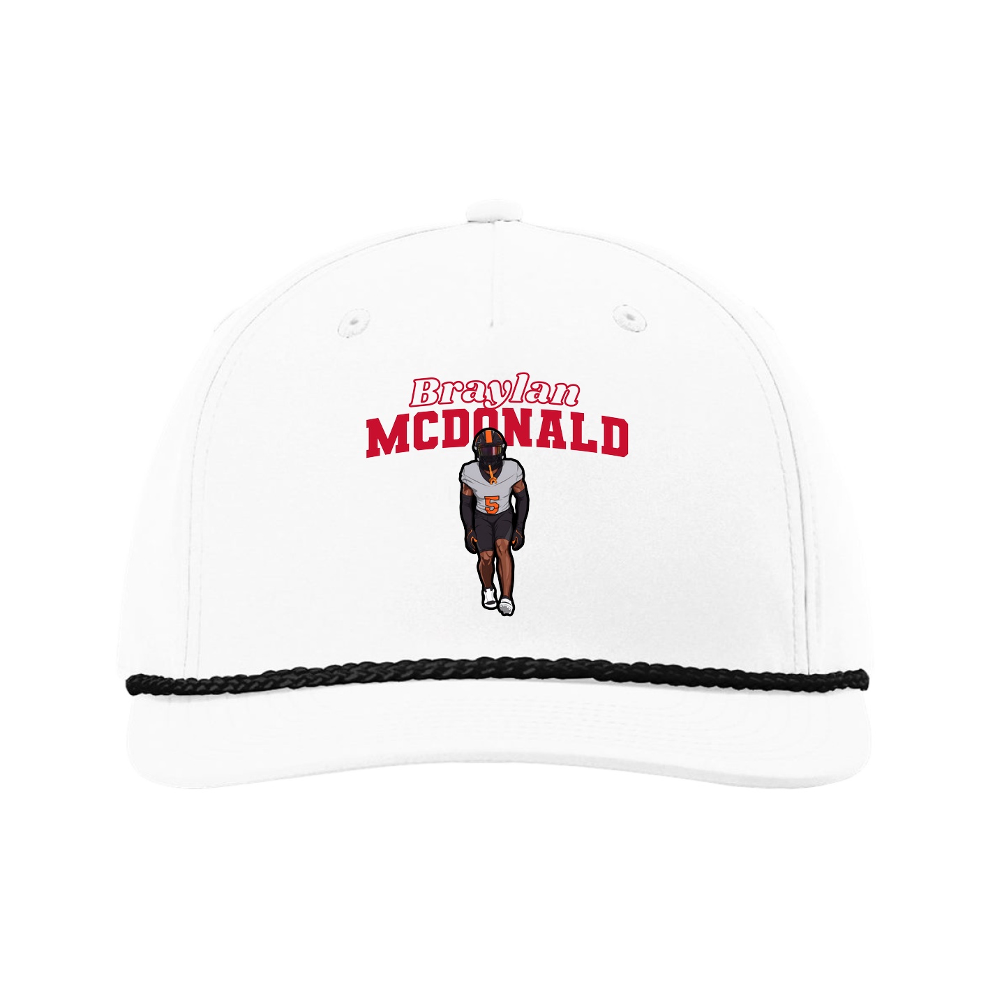 Five-Panel Classic Rope Cap — Name Arch in White