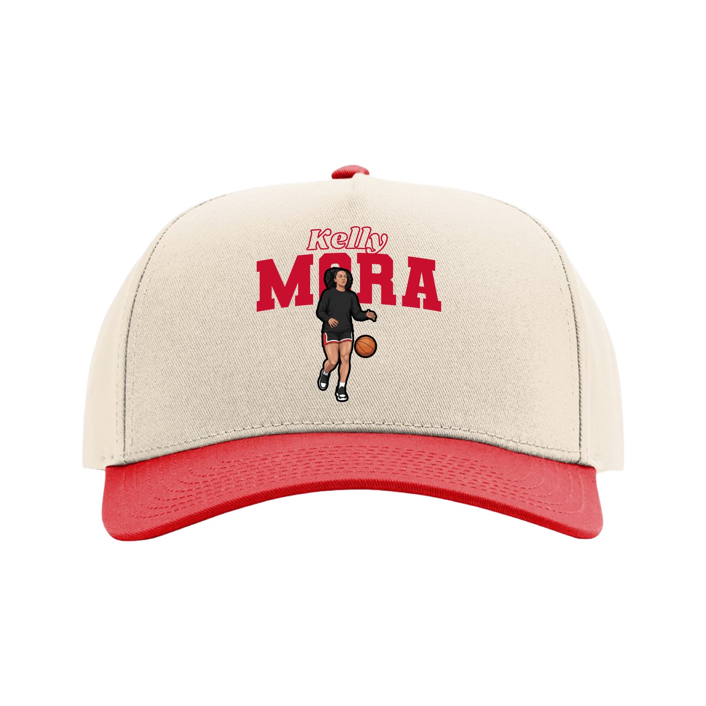 Full Fabric Five-Panel Champ Cap — Name Arch in Cream/Red