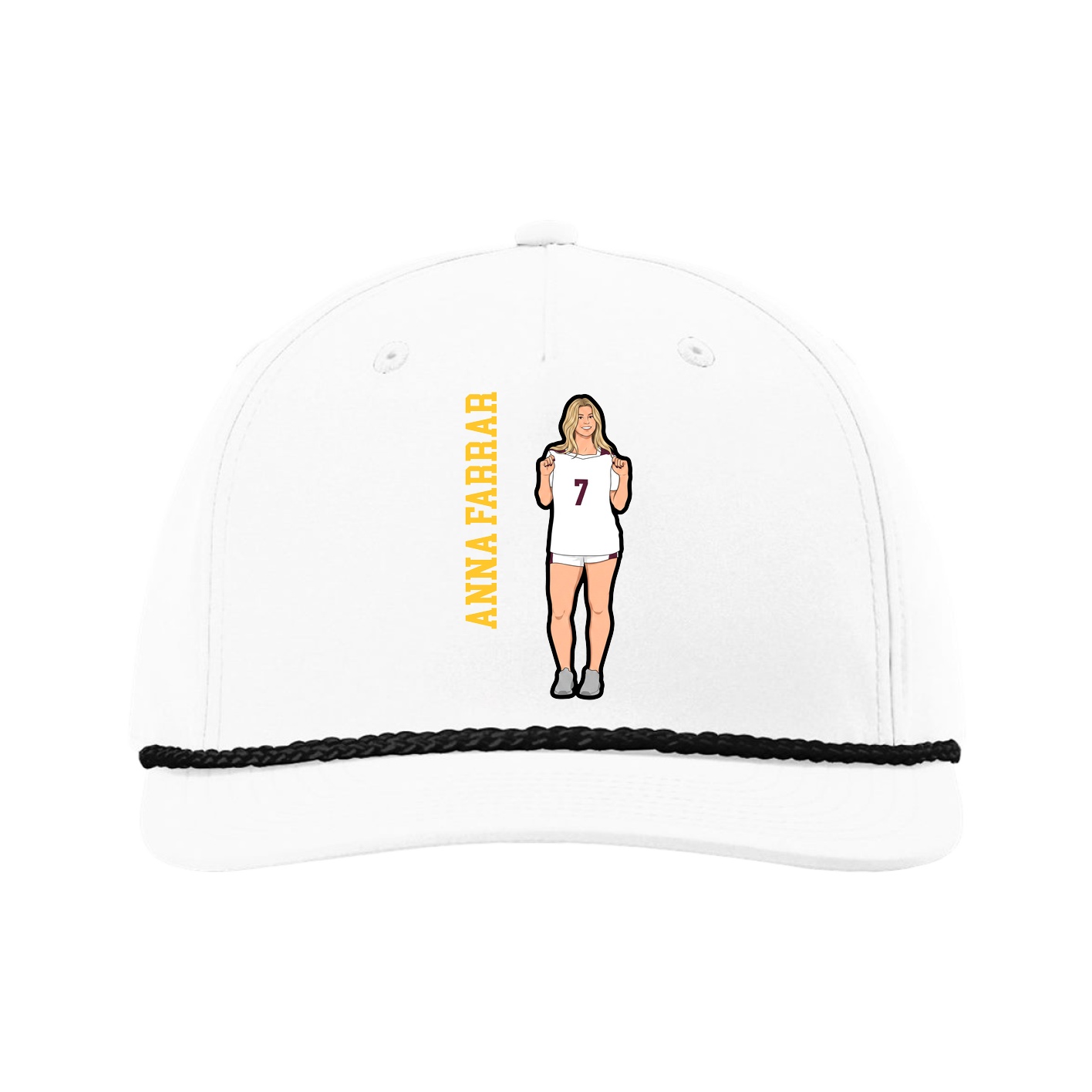 Five-Panel Classic Rope Cap — Name Vertical in White
