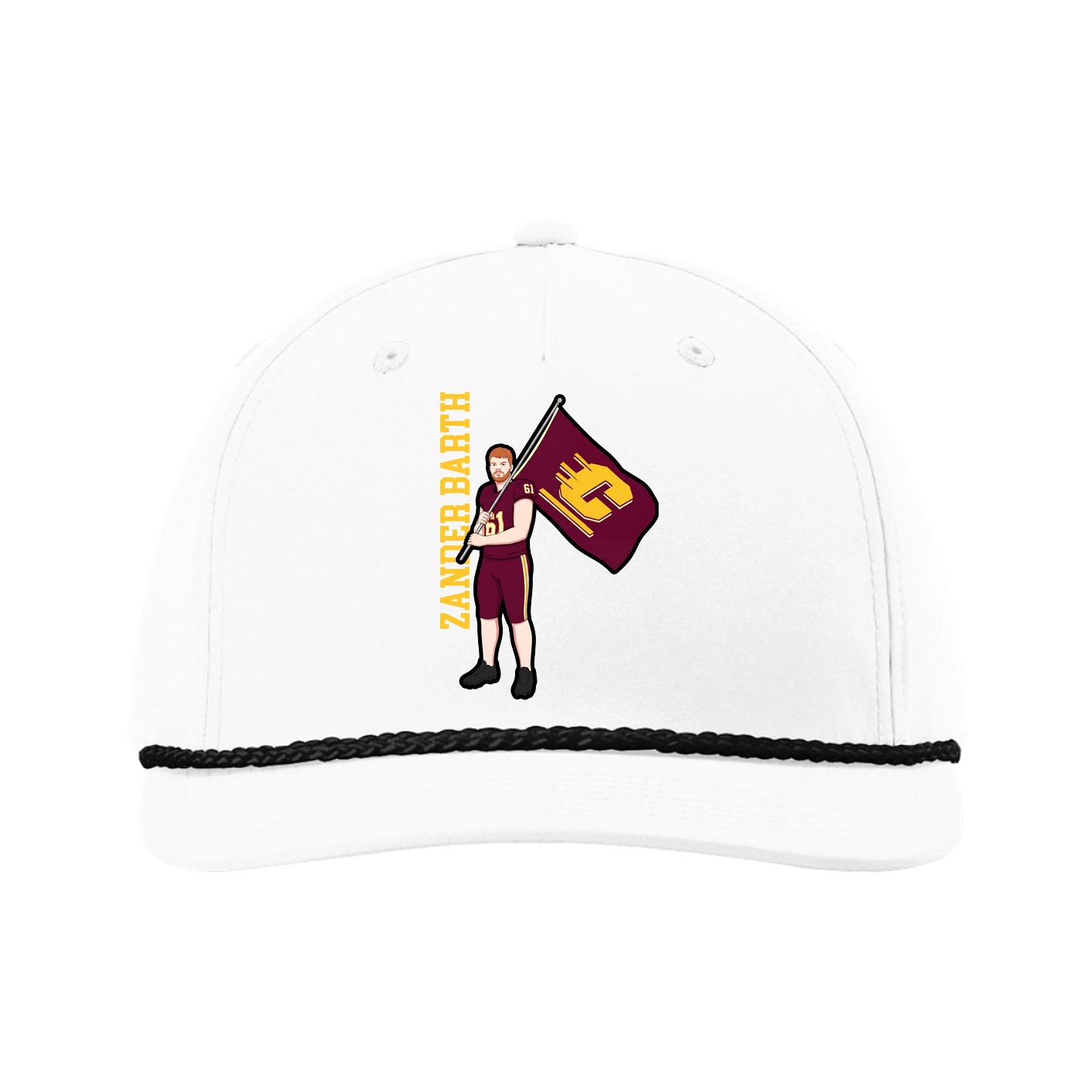 Five-Panel Classic Rope Cap — Name Vertical in White