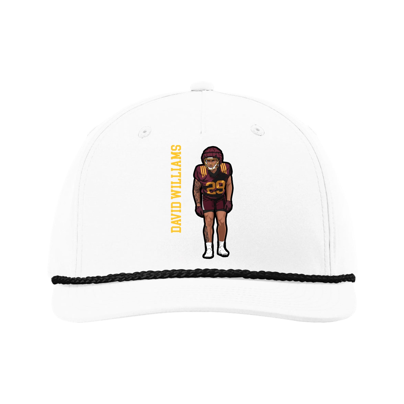 Five-Panel Classic Rope Cap — Name Vertical in White