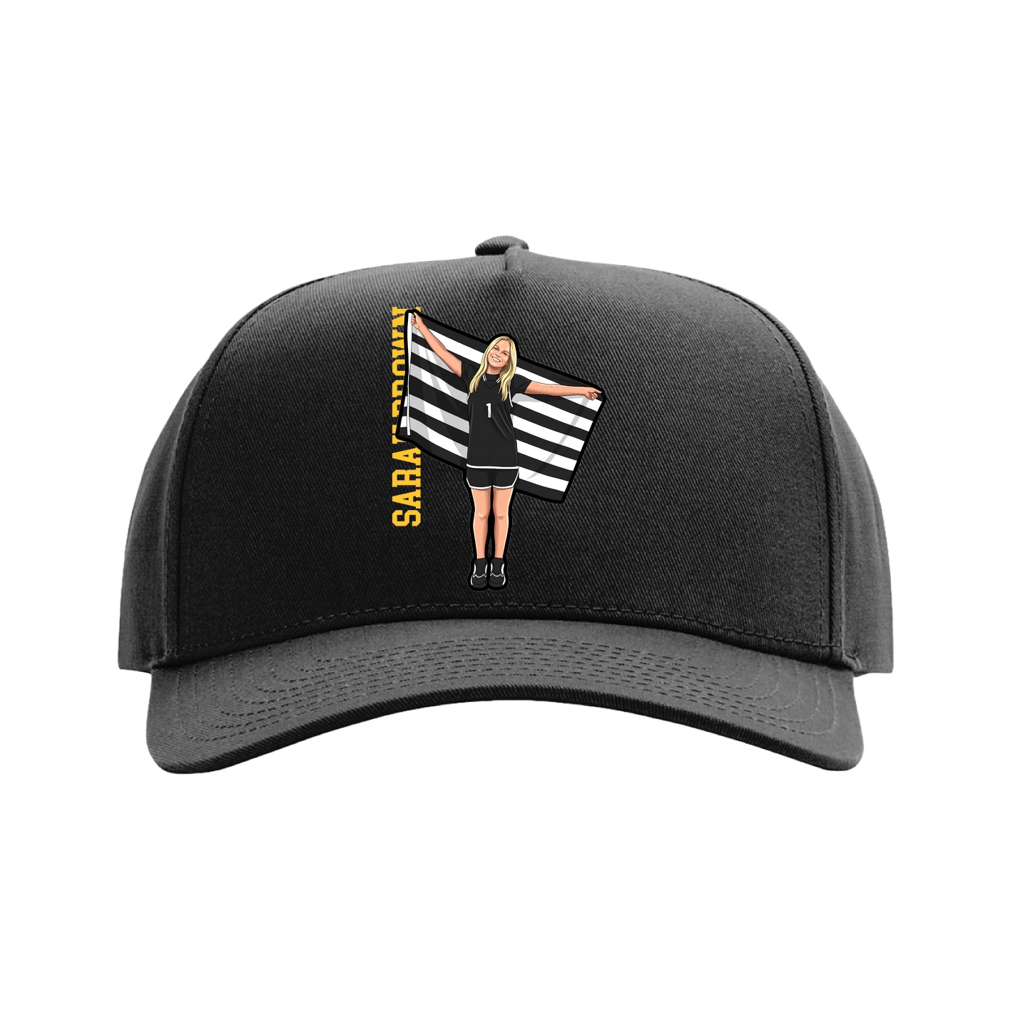 Full Fabric Five-Panel Champ Cap — Name Vertical in Black