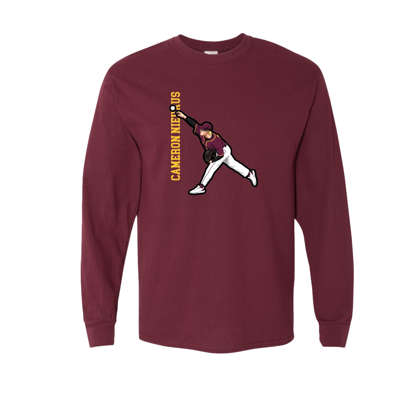 Long Sleeve Tee — Name Vertical in Maroon
