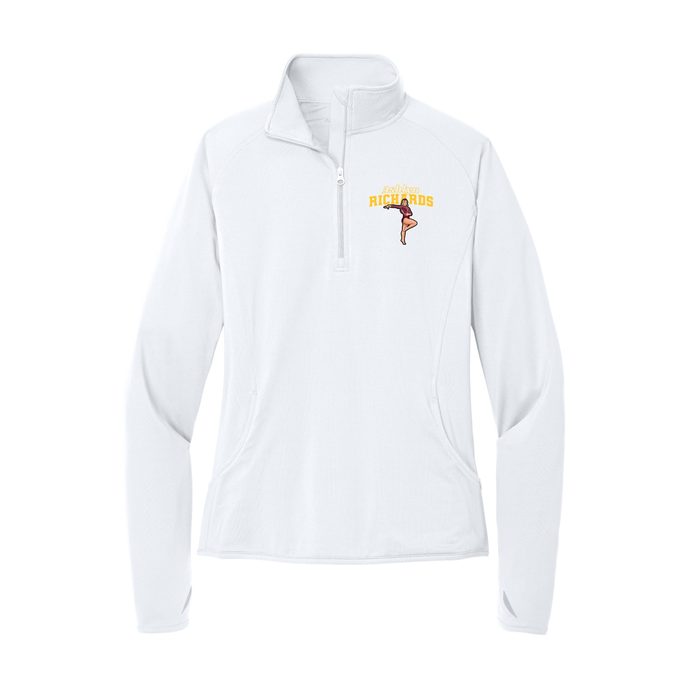 Women's Q-Zip Pullover — Name Arch in White