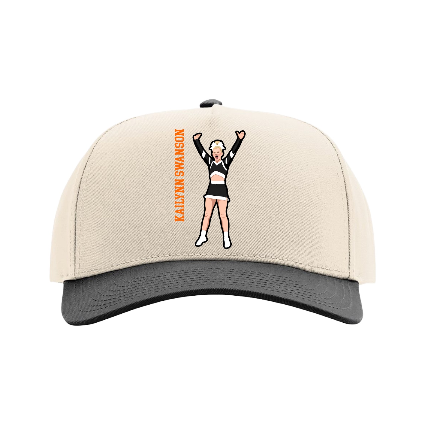 Full Fabric Five-Panel Champ Cap — Name Vertical in Cream/Black