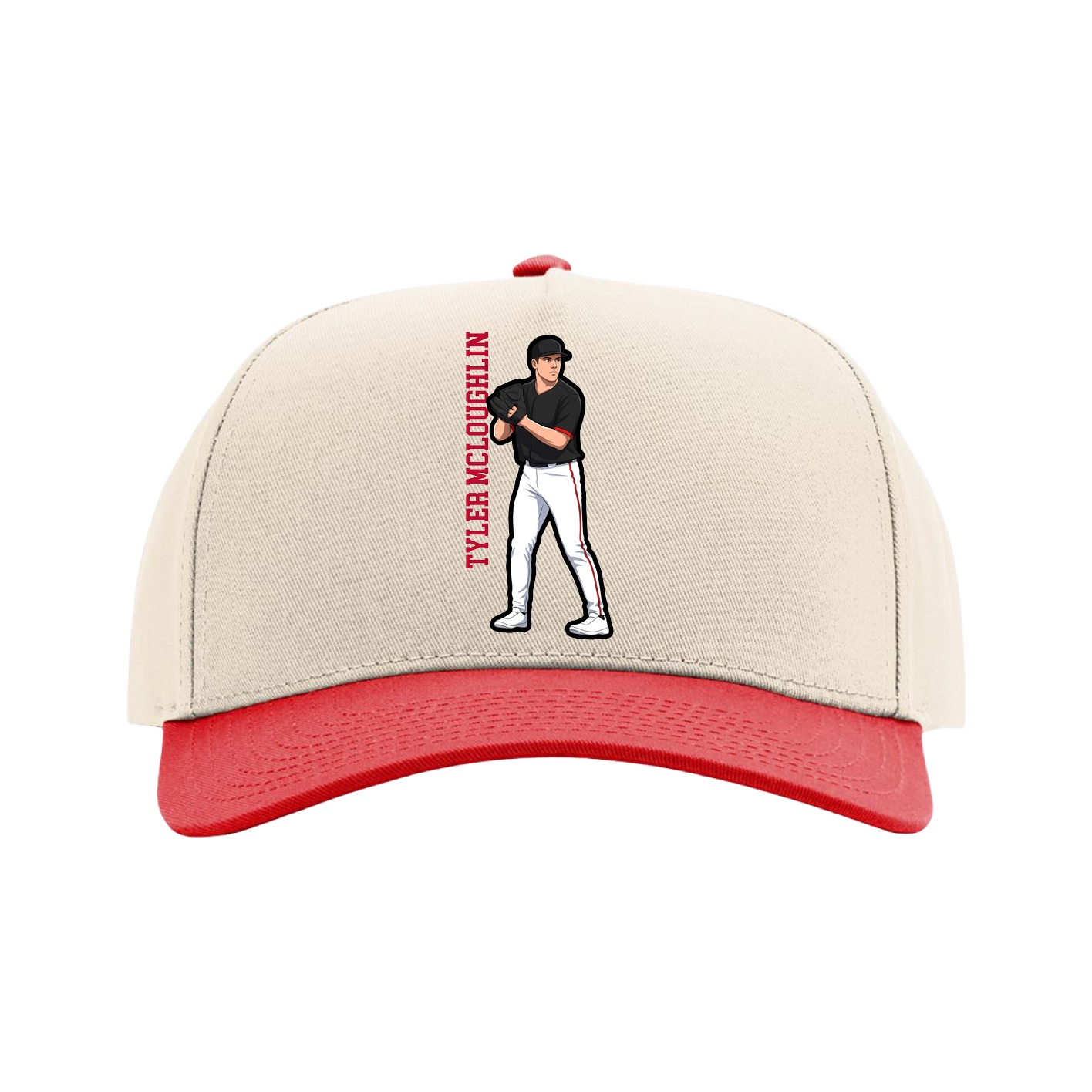 Full Fabric Five-Panel Champ Cap — Name Vertical in Cream/Red