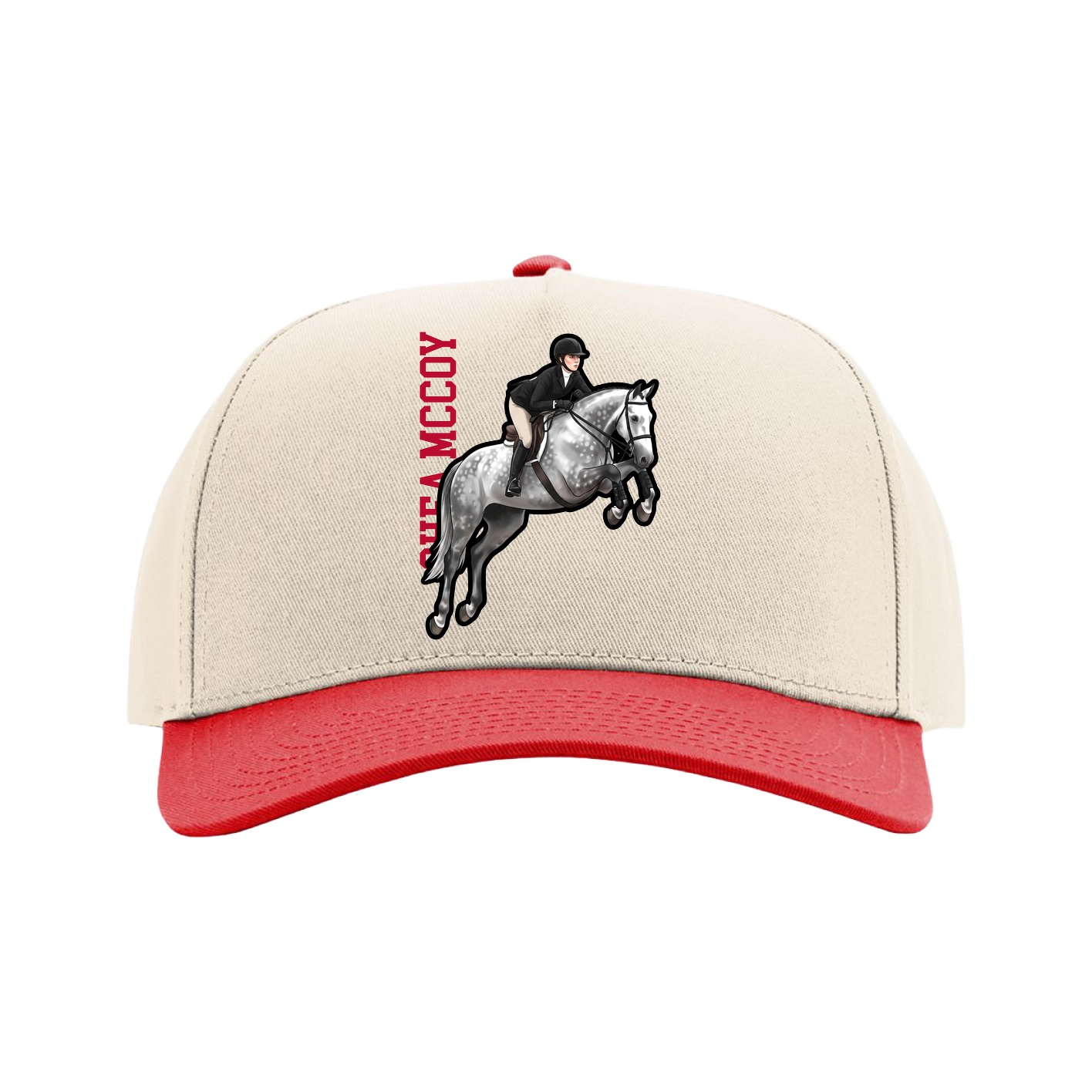 Full Fabric Five-Panel Champ Cap — Name Vertical in Cream/Red