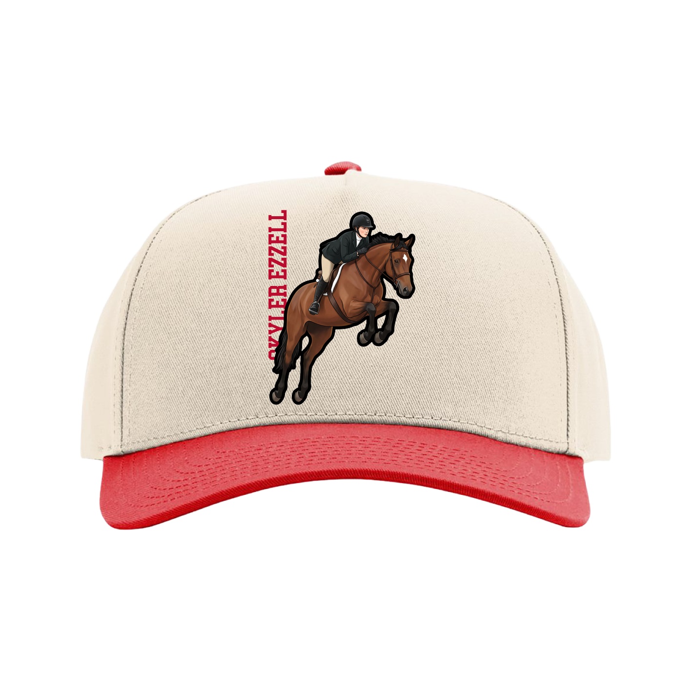 Full Fabric Five-Panel Champ Cap — Name Vertical in Cream/Red