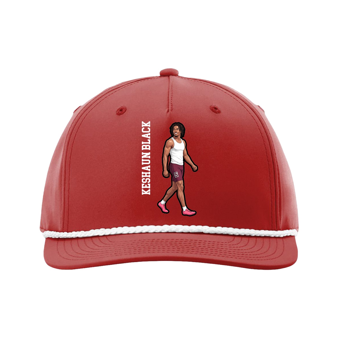 Five-Panel Classic Rope Cap — Name Vertical in Red