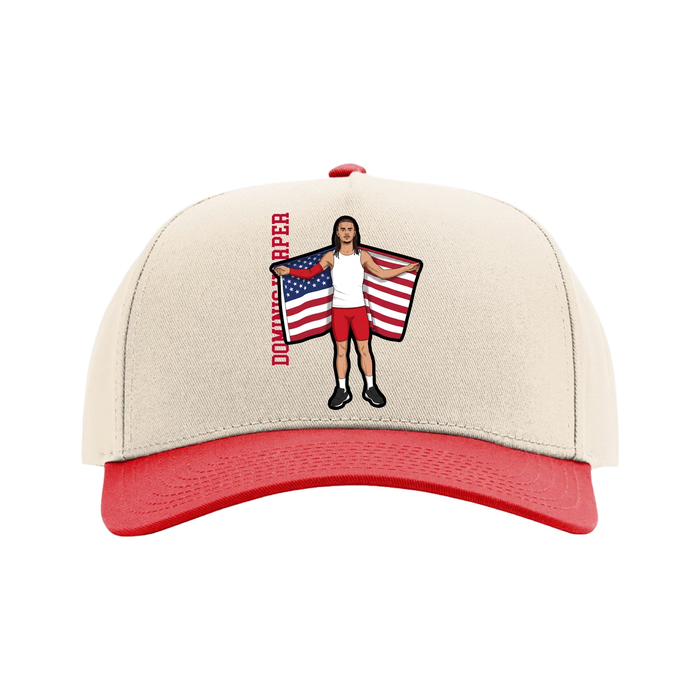 Full Fabric Five-Panel Champ Cap — Name Vertical in Cream/Red