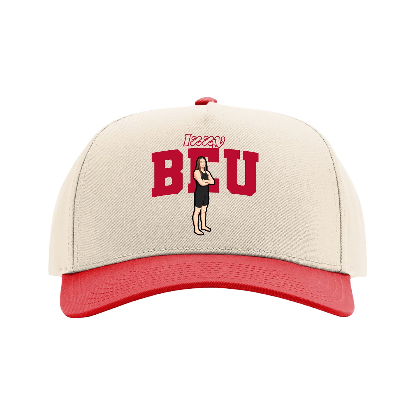 Full Fabric Five-Panel Champ Cap — Name Arch in Cream/Red