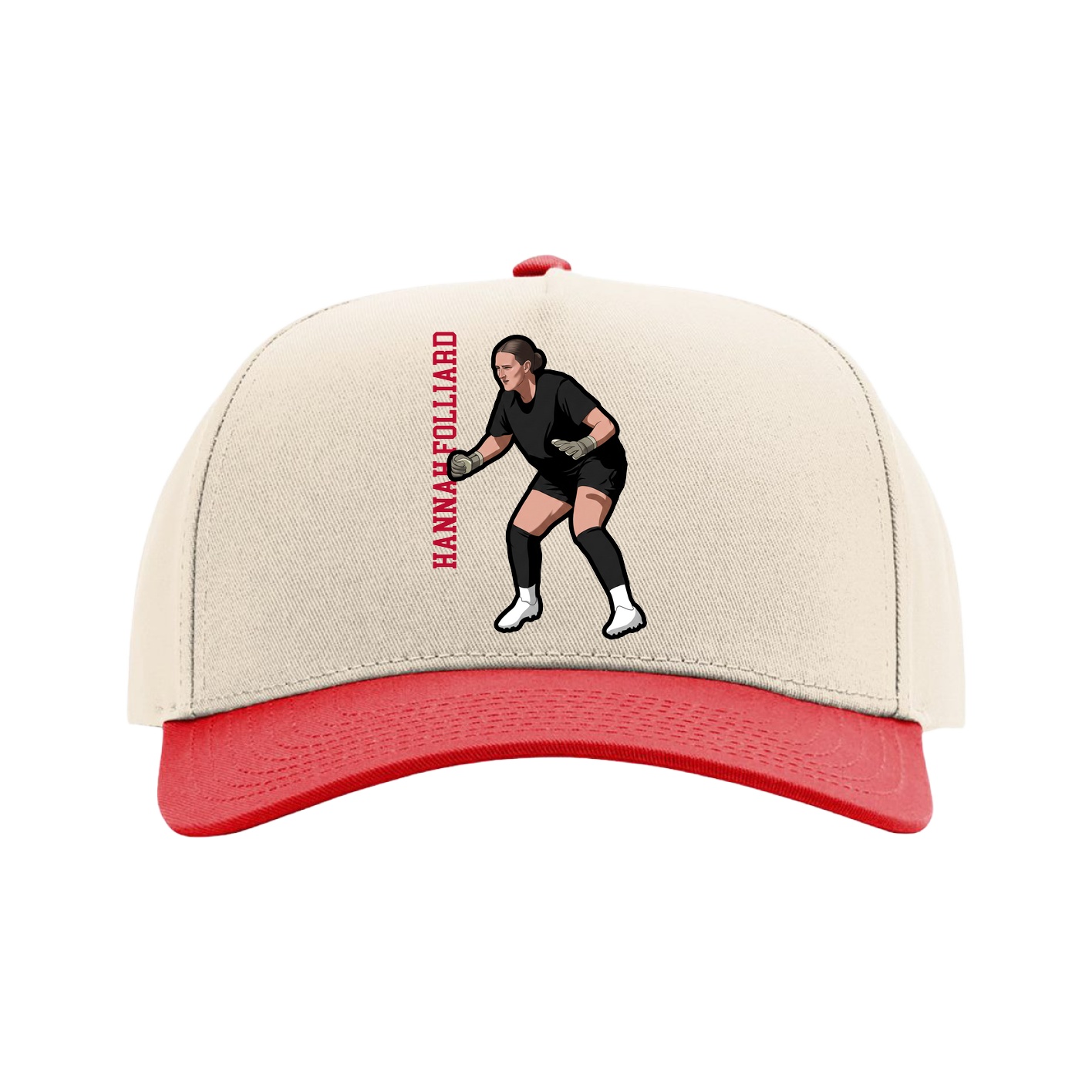 Full Fabric Five-Panel Champ Cap — Name Vertical in Cream/Red