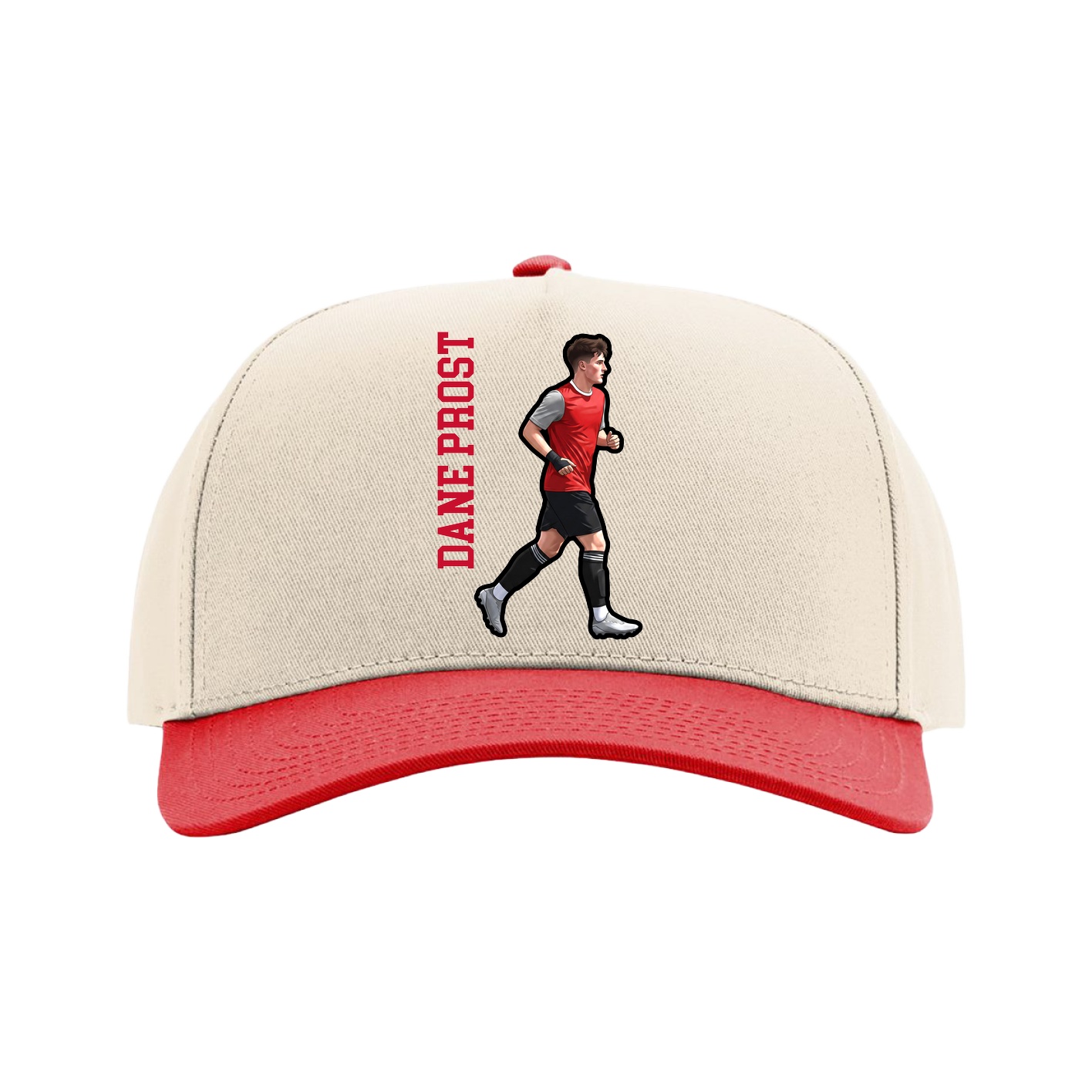 Full Fabric Five-Panel Champ Cap — Name Vertical in Cream/Red