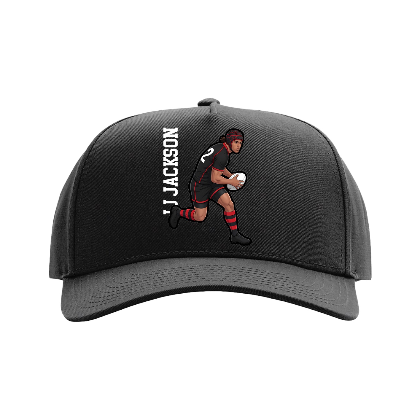 Full Fabric Five-Panel Champ Cap — Name Vertical in Black