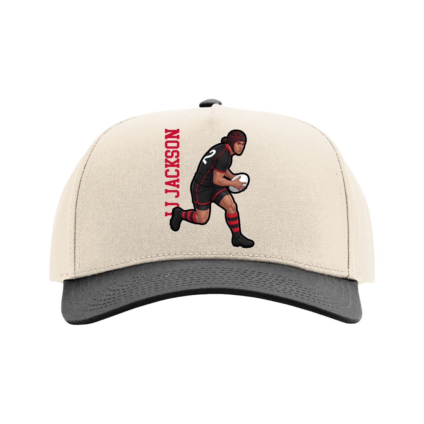 Full Fabric Five-Panel Champ Cap — Name Vertical in Cream/Black