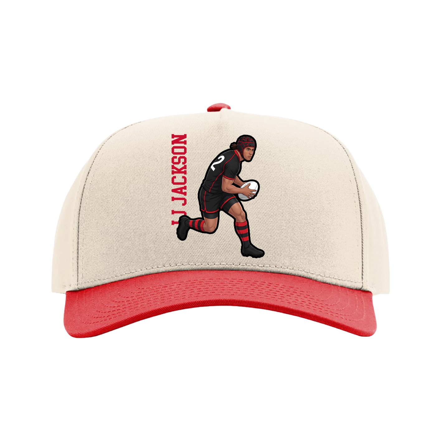 Full Fabric Five-Panel Champ Cap — Name Vertical in Cream/Red