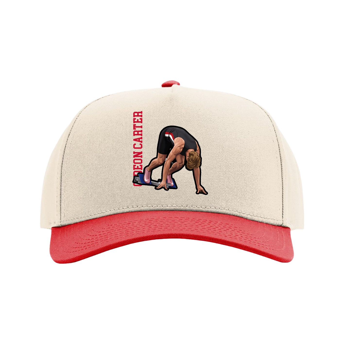 Full Fabric Five-Panel Champ Cap — Name Vertical in Cream/Red
