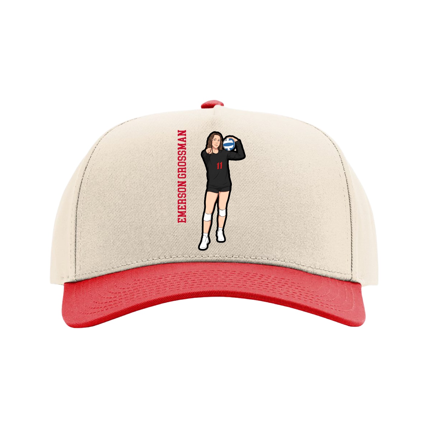 Full Fabric Five-Panel Champ Cap — Name Vertical in Cream/Red