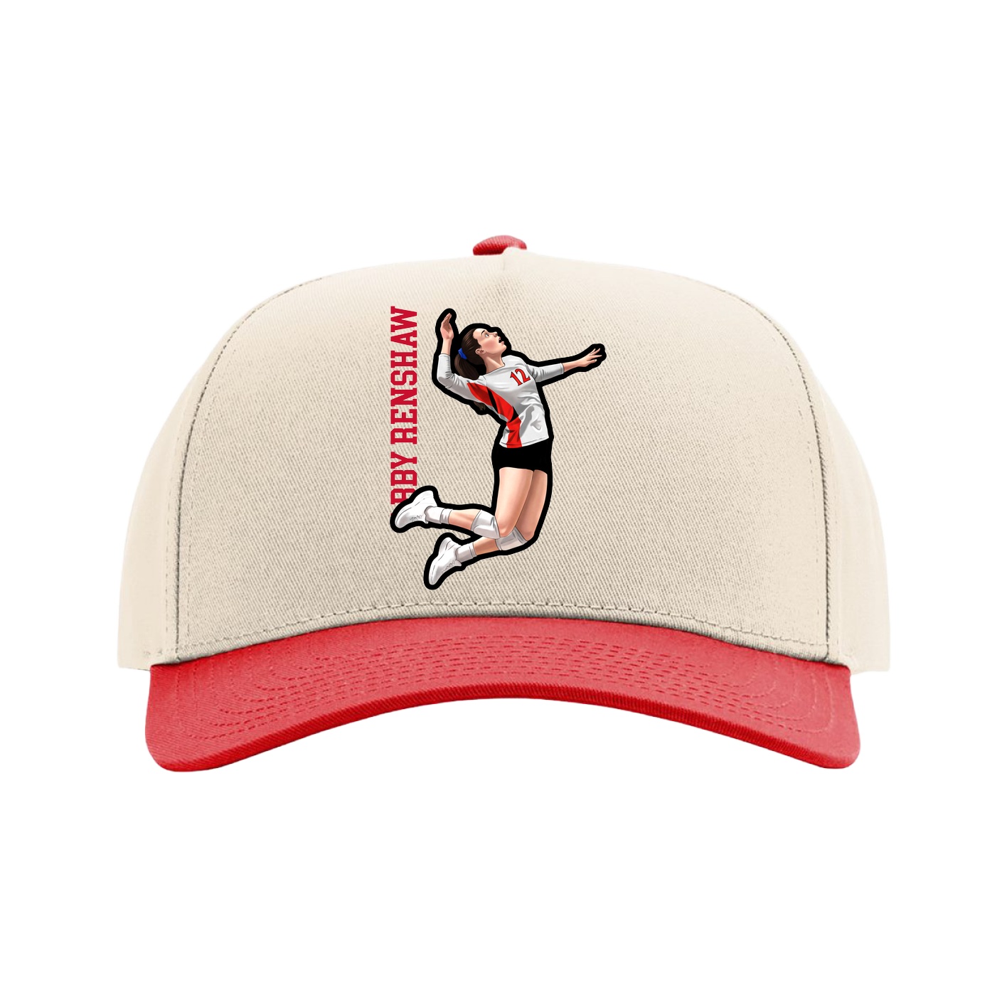 Full Fabric Five-Panel Champ Cap — Name Vertical in Cream/Red