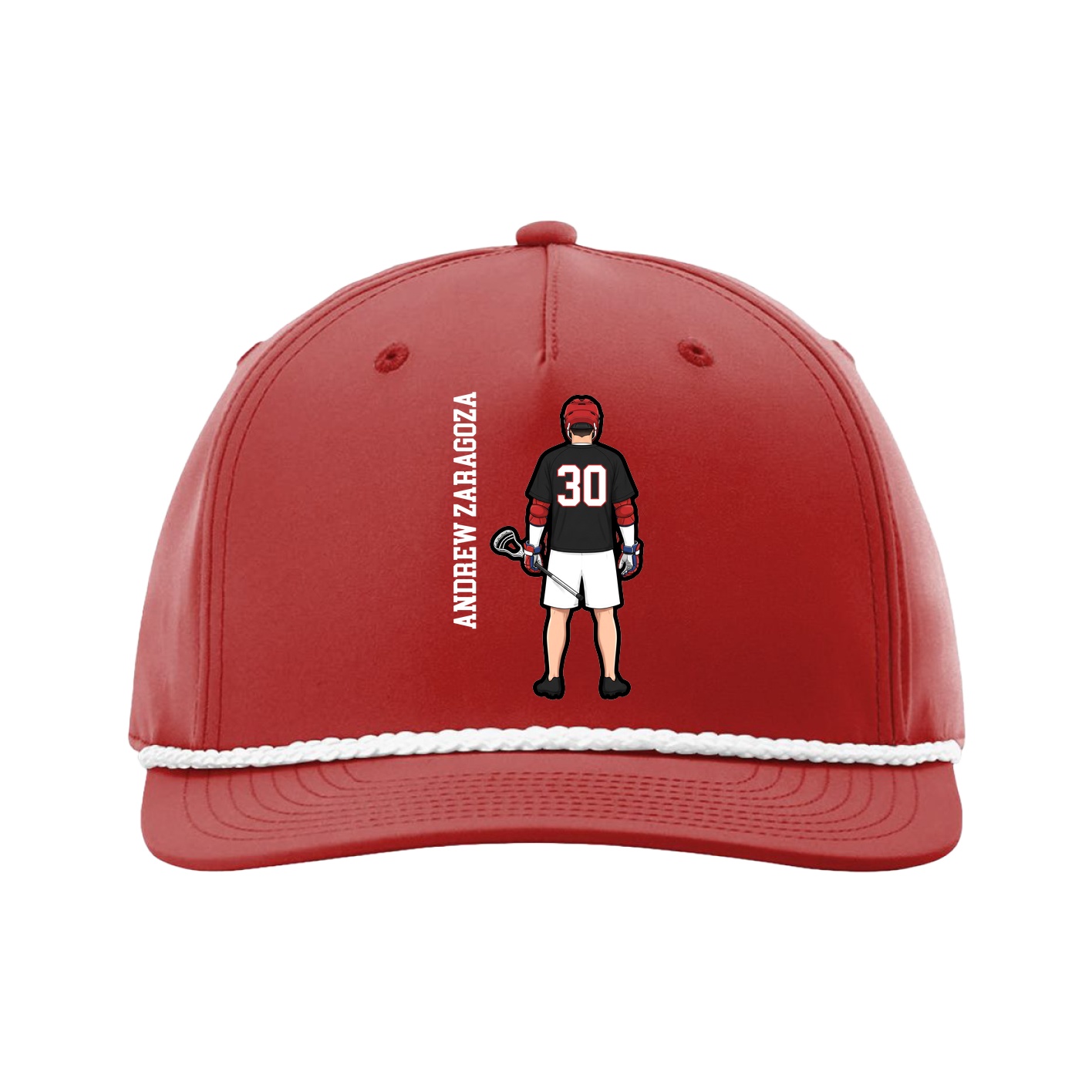 Five-Panel Classic Rope Cap — Name Vertical in Red