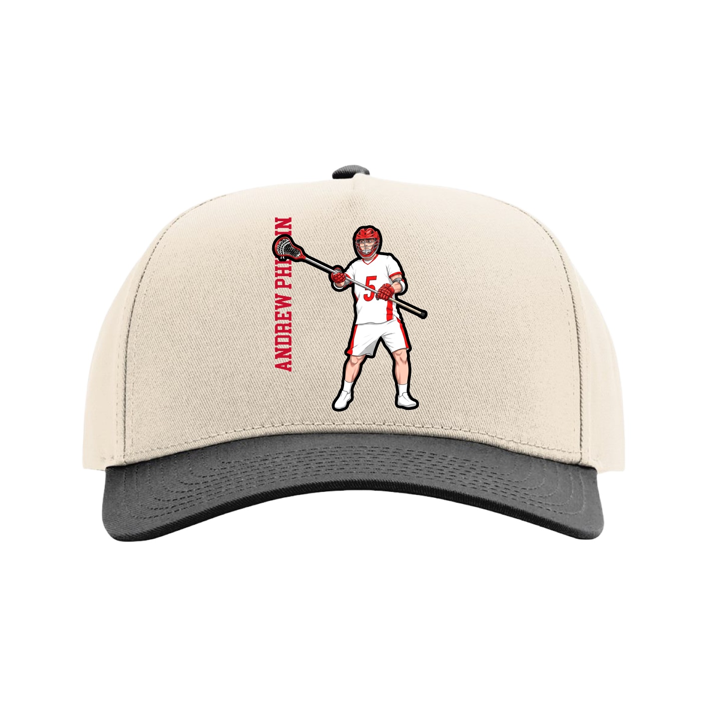 Full Fabric Five-Panel Champ Cap — Name Vertical in Cream/Black