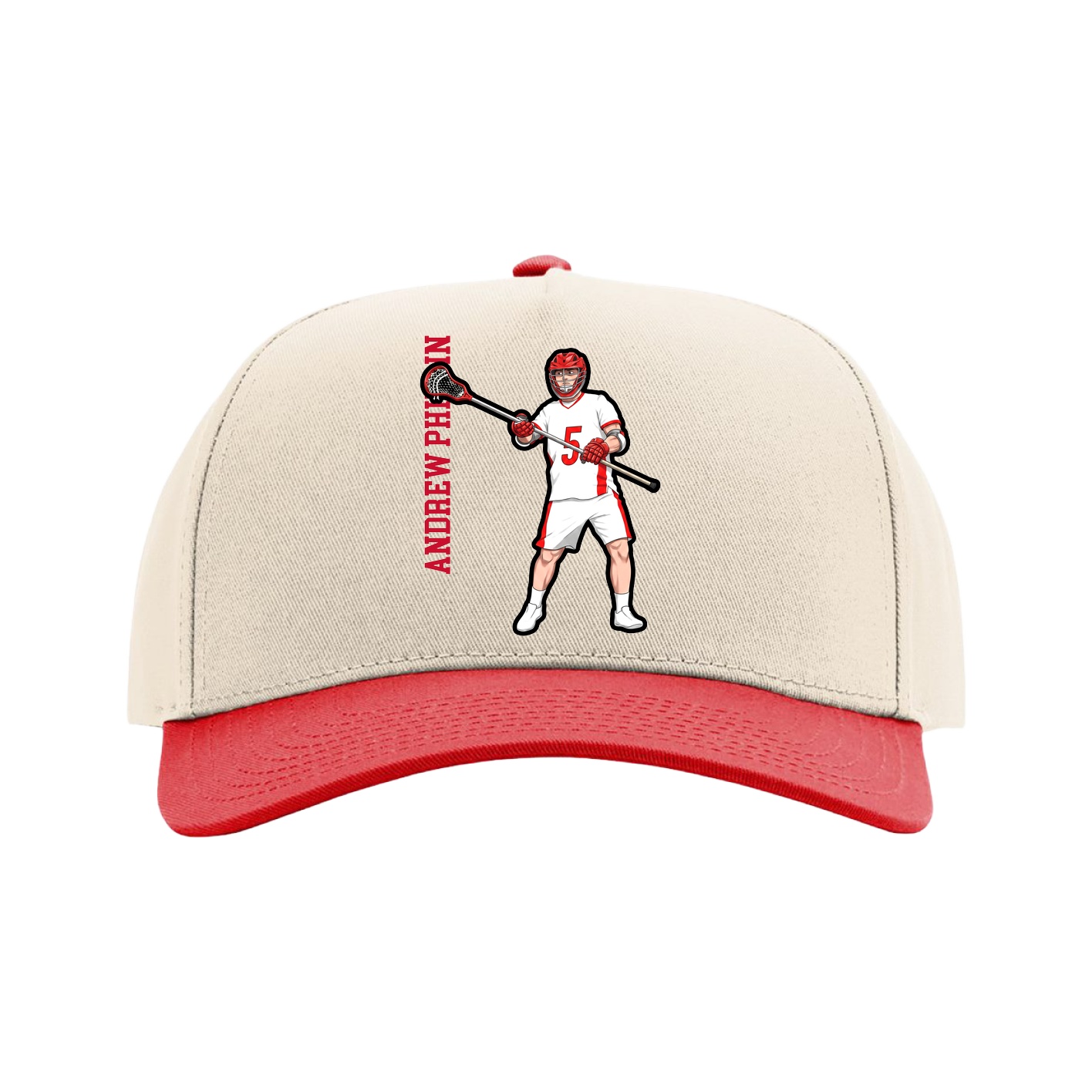 Full Fabric Five-Panel Champ Cap — Name Vertical in Cream/Red